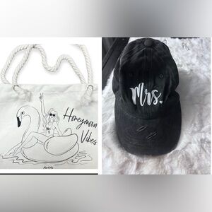 50%offw❤️ Miss to Mrs Honeymoon Vibes White Canvas Beach Tote Mrs. Cap